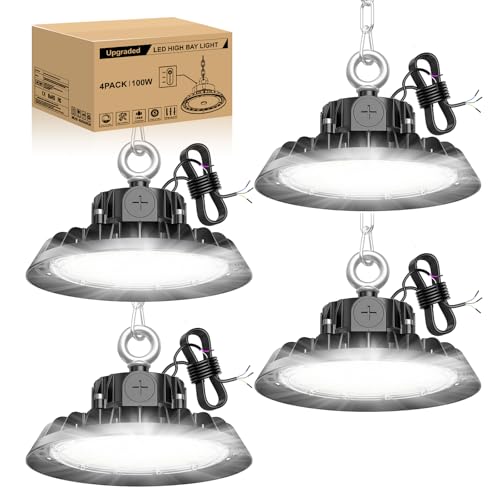 RUISUN 4 Pack UFO 100W LED High Bay Projector Garage Light 17000LM LED Lighting for Workshop Dimmable 60W/80W/100W Industrial Lighting Lamp IP65 Waterproof Ceiling 120° for Workshop Warehouse
