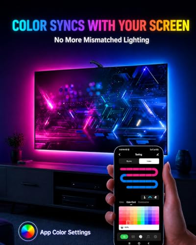 QTU TV LED Backlight with Sensor, LED Sync Lights for TV 55-65 Inch, Smart Camera Sync to Screen, Ambient RGB Strip Lights for Gaming & Home Theater, App Control (14.7ft)
