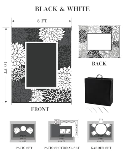 RESARE-Outdoor Rug-Patio Rug 8x10 ft RV Camping Floral Waterproof Mat Portable Outdoor Area Carpet for Deck Porch Picnic Balcony Backyard Beach Rugs Reversible Non Fading Black & White