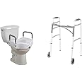Drive Medical RTL12027RA 2-in-1 Raised Toilet Seat with Removable Padded Arms & 10210-1 2-Button Folding Walker with Wheels, Rolling Walker, Front Wheel Walker