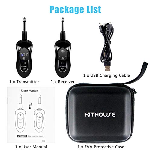 Kithouse K380 Wireless Guitar Transmitter Receiver System Set Rechargeable Guitar Wireless Cable with Carrying Bag for Electric Guitar Bass (Black)