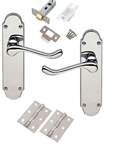 Golden Grace Epsom Design Victorian Scroll Door Handles Lever on Shaped Backplate - Latch Door Pack with Hinges & Latch - Polished Chrome, 1 Set