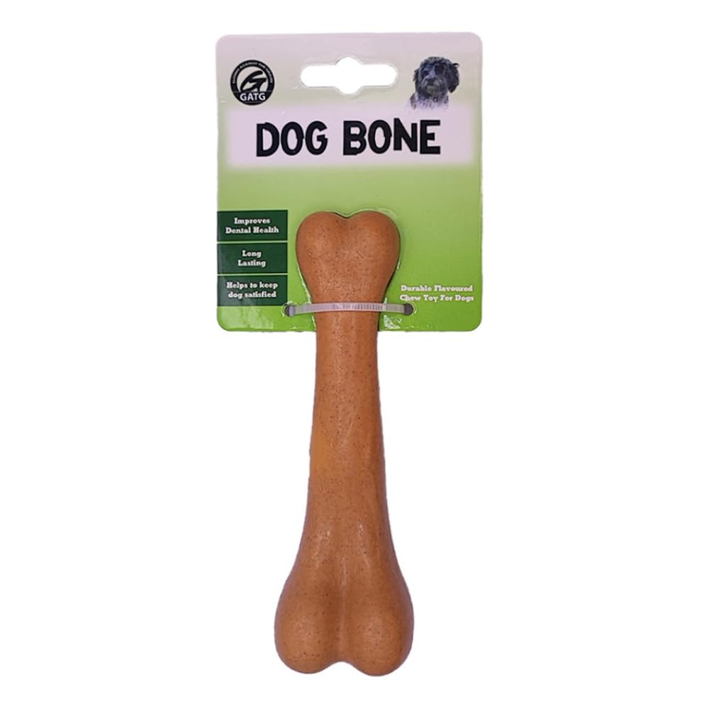 GATG small tough and durable chew and teething bone shaped dog toy for all medium and large dogs made of tough wood fibre material, Beef/Bacon flavoured and scented (Bacon, Large)