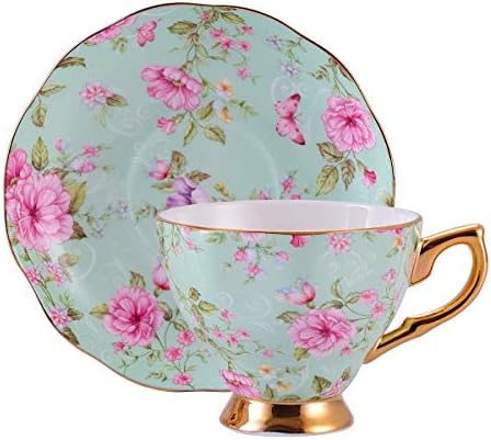 Kissweetime Bone China Tea Cup Coffee Cups 7 oz Porcelain Teacup Set with Saucers and Spoon - Espresso Mug Cappuccino Cup, Ideal for Gift & Party