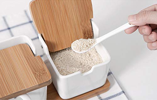 VanEnjoy White Ceramic Sugar Spice Containers Porcelain Jar Set with Flip Bamboo Lids, Tray and Spoons,Square Condiment Serving Tea,Coffee,Spice,Salt Set of 3