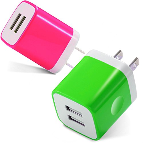 Certified USB Wall Charger 2.1AMP Universal Power Home Travel Wall Charger Dual Port Plug for iPhone, iPod, iPad, Samsung Note, HTC, LG, Smartphones, Tablets and More Device (Hot Pink / Green)