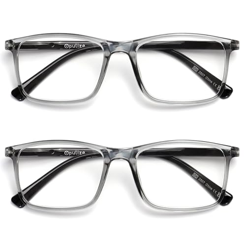 OPULIZE INK Reading Glasses - Value 2 Pack - Large Rectangular Frame - Spring Hinges - Scratch Resistant - Transparent Grey Black Arm - Mens Womens +1.50
