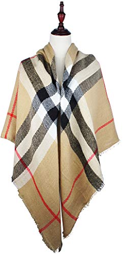 VIVIAN & VINCENT Women's Plaid Blanket Winter Scarf Warm Wrap Oversized Shawl Cape Beige - Thumbnail 5