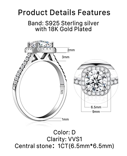 FCINOS Moissanite Engagement Rings, S925 Sterling Silver Wedding Rings Bridal Rings Set for Women, 18K White Gold Plated Halo Eternity Promise Ring 1CT D Color
