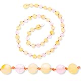 Baltic Amber Teething Necklace for Baby with Rose Quartz- Natural Soothing, Teething Pain Relief With Raw Certified Amber - Safety Knotted - Highest Quality Jewelry for Your Kid (Rose - 12.5