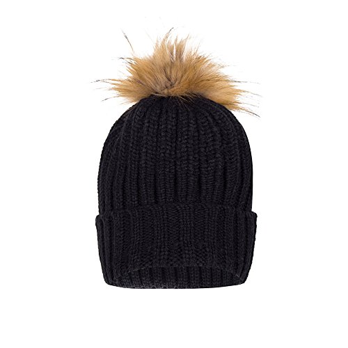 Puli Unisex Black Knitted Beanie Hat with Cute Fur Pom Ball