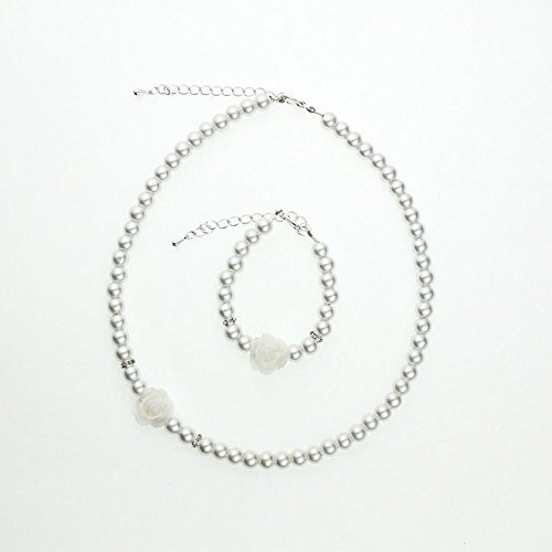 Crystal DreamFlower Girl White Simulated Pearls Flower Necklace with Bracelet Toddler Gift Set (GSTNB2-W)