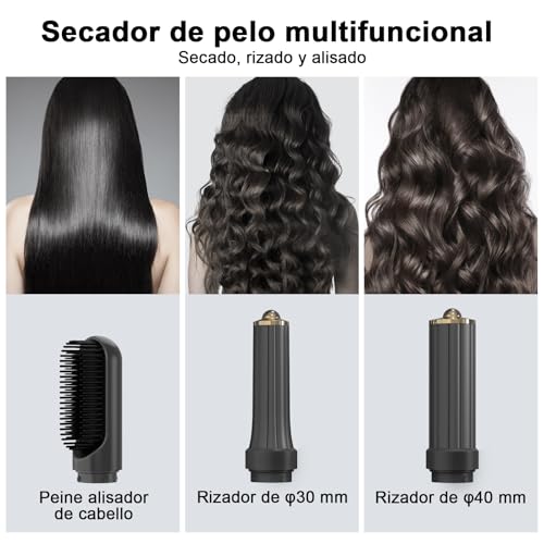 Secador de Pelo Profesional 5 en 1 - Boquillas + Cepillo + Rizador de Pelo, iónico Negativos Secador Kit 1600W Poco Ruido, Temperatura Ajustable y Velocidades para Rizar, Voluminizar y Alisar, Gris