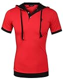 Coofandy Men's Casual Short Sleeve T-shirt Patchwork Hooded Polo Shirts,Red,Medium