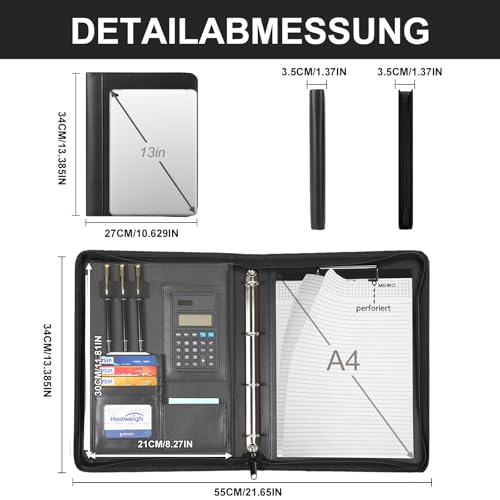 Leathario A4 Conference Folder, Writing Case with Ring Binder, Zip, Ring Binder Portfolio, Document Folder, Writing Pad, Black