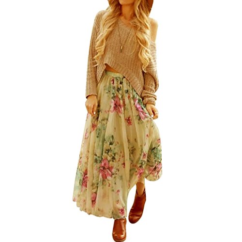 Xilalu Women Chiffon Pleated Long Maxi Boho Dress Elastic Waist