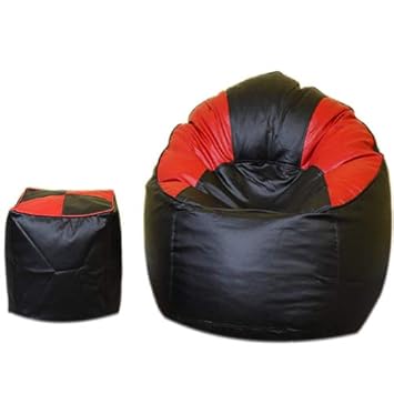 VSK Combo XXXL Sofa Mudda Bean Bag Cover with Footstool/Puffy Black & Red Multicolored (Without Beans)