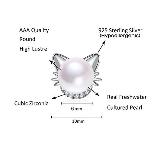 Cat Cute Sterling Silver with Crystal Zircon and AAA Cultured Freshwater Pearl Stud Earrings for Girls Kids