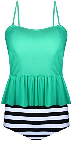 Fancyskin Womens High Waisted Swimsuit Flounced Falbala Striped Tankini Two Pieces Bathing Suit