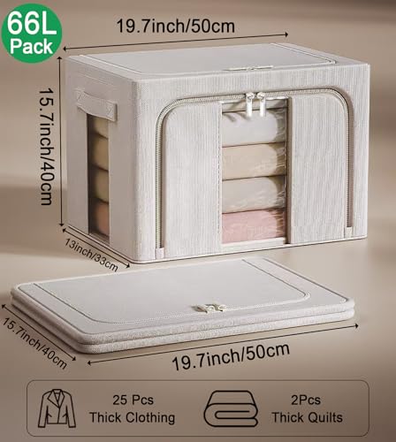 Ymlike 2 Pack Clothes Organizer Box Storage, Foldable Metal Frame Clothing Storing Bins with Double Visable Window, Large Capacity Cloth Container with Reinforced Handles, (66 L) (Cream Yellow)