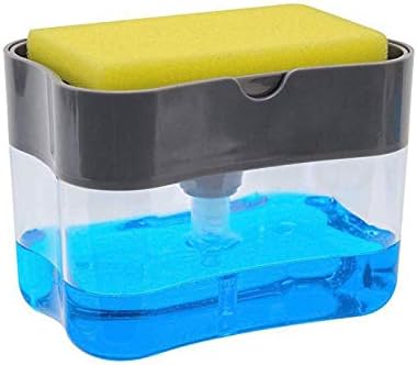 2in1 Liquid Soap Pump Dispenser ABS Sponge Holder Press Down Kitchen Countertop Rack (Gray)