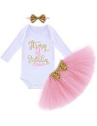 Itâ€™s My First 1st Birthday Outfit Baby Girls Long Sleeve Romper + Ruffle Tulle Skirt + Sequin Bowknot Headband Shiny Party Princess Dress up Costume for Cake Smash Photo Fall Clothes Pink 1 Year