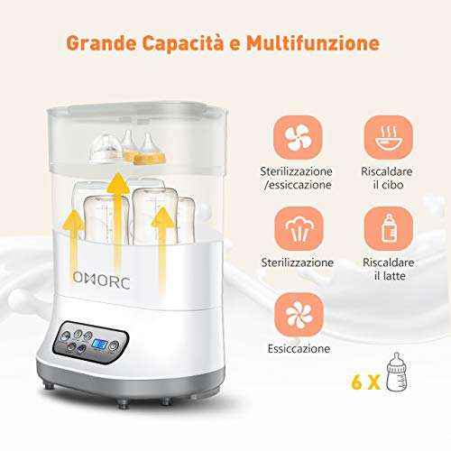 Sterilizzatore Biberon, a Vapore Elettrico&Asciugatura, Multifunzionale 6 In 1, Per 6 Biberon, Spegnimento Automatico, LCD Touch-Screen, Controllo Tempo Preciso