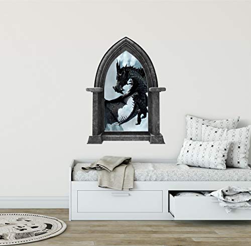 24" Castle Scape Black Dragon #1 Granite Stone Castle Window Wall Decal Sticker Mural Medieval Mythical Fantasy Fairytale Game of Thrones Kids Playroom Wall Art Decor