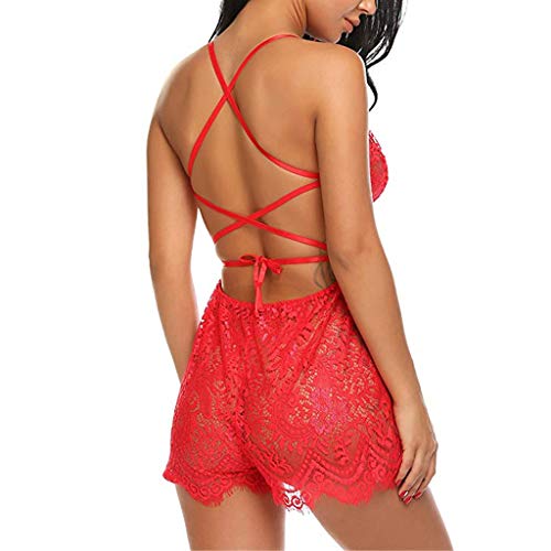 OrchidAmor Women Lingerie V Neck Nightwear Satin Sleepwear Lace Chemise Mini Teddy Red - Thumbnail 6