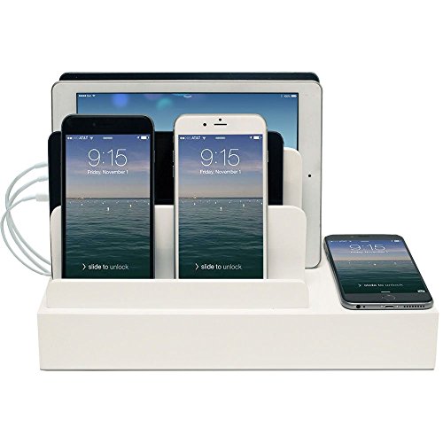 G.U.S. Charging Desk Organizer with Wireless Smart Charging Pad + 6-USB Ports. Multi-Device Charger for iPhones, iPads, E-Readers, Samsung, Android, Nexus and More. Strong Build, High Gloss White