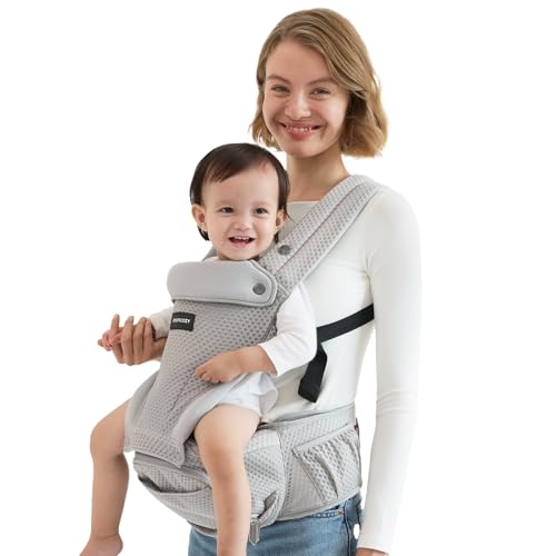 Momcozy Baby Carrier with Hip Seat,Ergonomic Support for Newborn to Toddler (0-36 Months), Hands-Free for Travel, Shopping & Daily Use,Lightweight & Adjustable,Grey