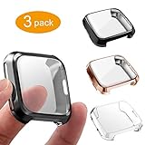 3 Packs Screen Protector Compatible Fit bit Versa, GHIJKL Ultra Slim Soft Full Cover Case for Fit bit Versa, Crystal Clear, Black, Rose Gold