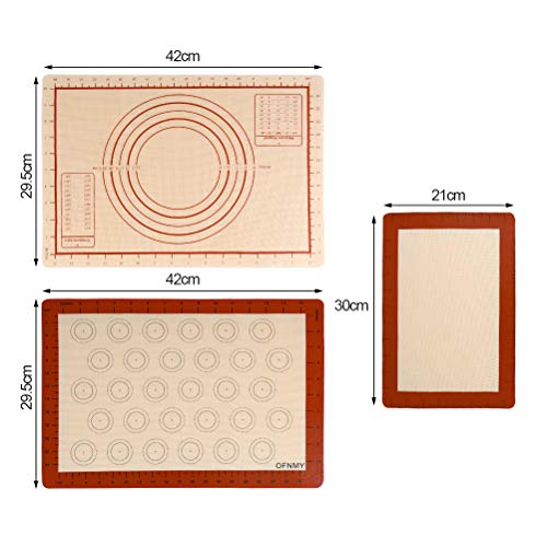 OFNMY Silicone Baking Mat with Measurements - Set of 3 100% Non Stick Baking Mats, Pastry Mat & Macaroon Silicone Mat - 2 Half Sheet Liners and 1 Quarter Sheet Silicone Mat for Baking Pan, Dough Rolli