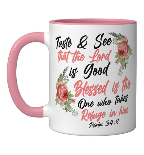 Christian Bible Verse Quote Rose Flower Psalm 34:8 Ceramic Mug, Pink/White