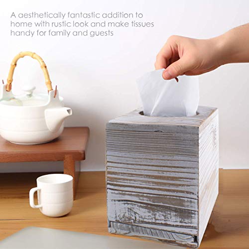 Hiyoo Square Tissue Box, Brown Cover Decorative Rustic Wood Cube Tissue Holder with Slide-Out Bottom Panel for Living Room Napkin Box Carton Paper Cube Box Office Bathroom Living Room (No Tissue)