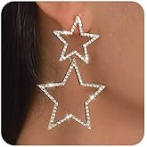 Jumwrit Rhinestone Star Earrings Long Star Drop Dangle Earrings Geometric Five-Pointed Star Stud Earrings Punk Boho Shiny Earrings Fashion Earrings Jewelry for Women (Gold)