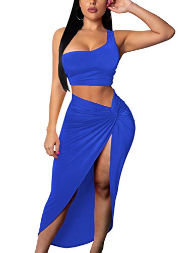 Tocebe Women's Sexy 2 Piece One Shoulder Crop Top Front Slit Ruched Midi Club Dress, Small, RoyalBlue