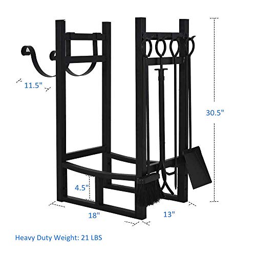 Small Firewood Rack Indoor Outdoor w 4 Tools, Log Rack Fire Wood Holders Storage Carrier by Patio Guarder, Heavy Duty Steel Log Holder with Kindling Holder for Backyard Garden Firepit Fireplace, Black - Thumbnail 3