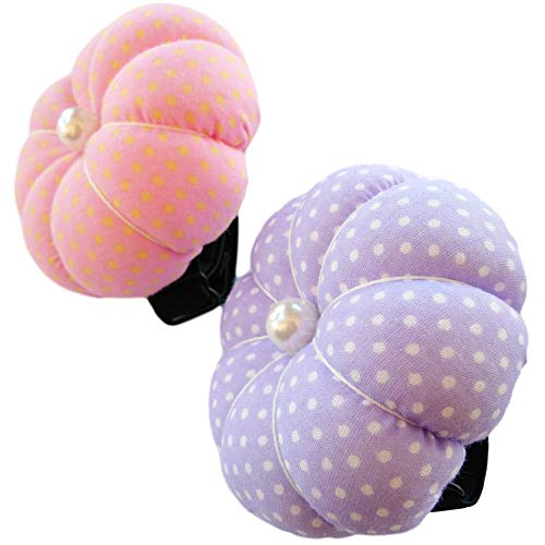 CUSHYSTORE 2X Purple and Pink Polka Dot Wrist Pin Needle Cushion Pincushion Wearable Cute Small Size Pumpkin Pins Needles Pincushions Holder Safety with Elastic Band
