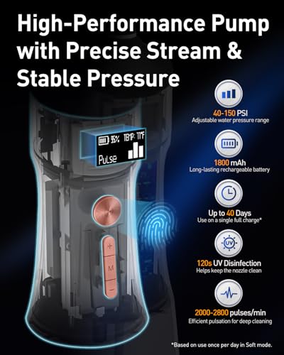 MySmile LP221 UVC Sterilizable Cordless Water Flossers for Teeth 335ML Portable OLED Display Dental Flosser with 4 Modes 8 Jet Tips and a Storage Pouch for Home and Travel (Midnight Black)