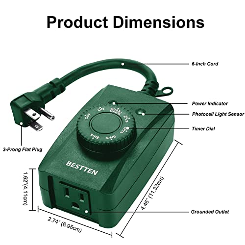 [2 Pack] BESTTEN Weatherproof Outdoor Timer with Photocell Light Sensor