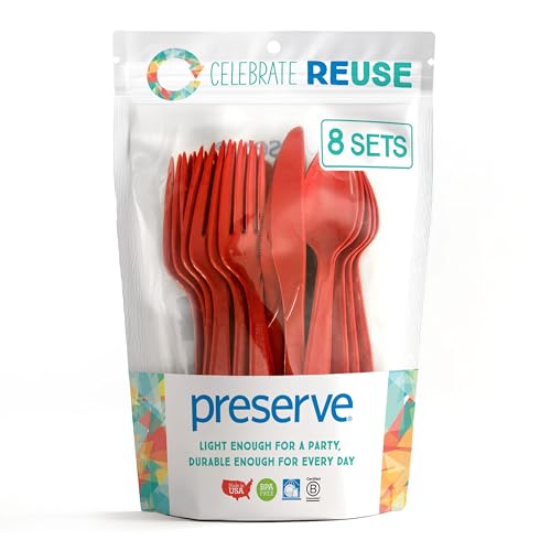 Preserve On the Go Cutlery Set: 8 Forks, 8 Knives, 8 Spoons, Pepper Red