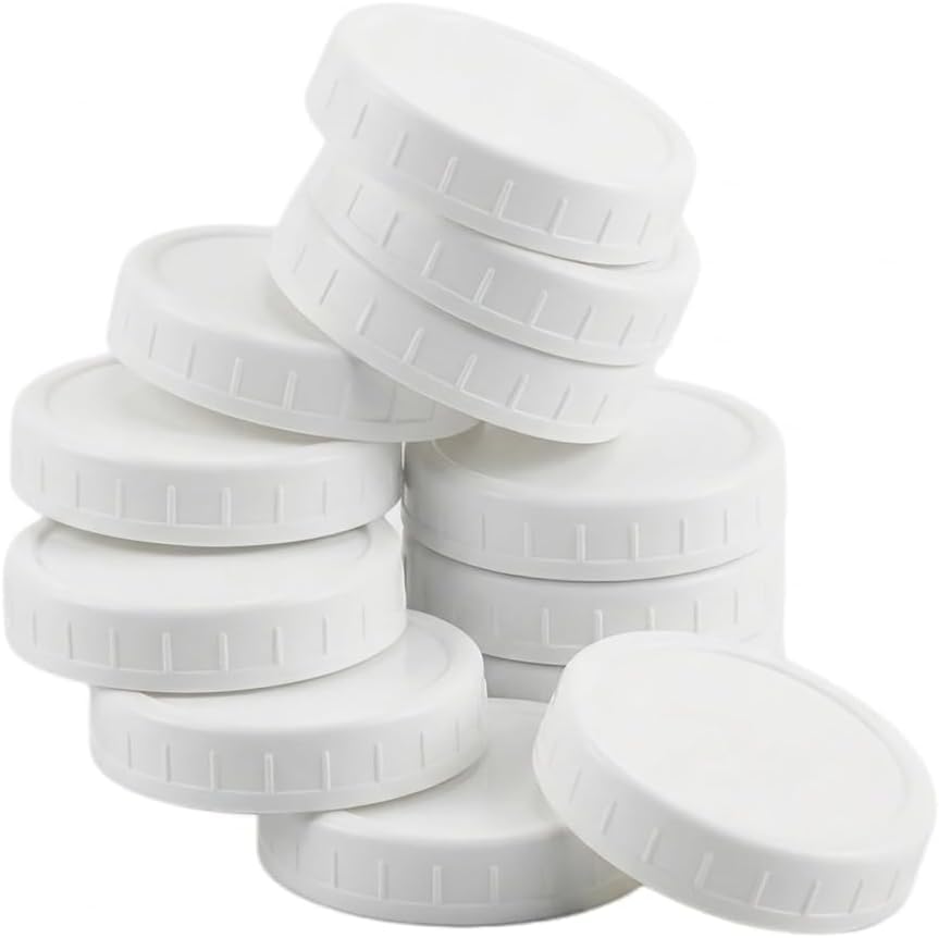 Photo 1 of 12PCS Wide Mouth Mason Jar Lids With Silicone Rings, Plastic Canning Lids For Ball-Kerr And More Canning Jars - White Food Grade Plastic Storage Caps, Leak-proof And Dishwasher Safe And Reusable