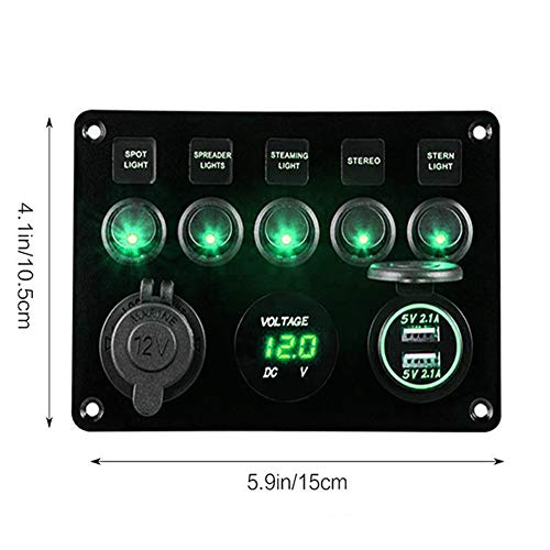 Boat Switch Panel 5 Gang Waterproof with Circuit Breakers Toggle Rocker Switch 4.2A Dual USB Charger Cigarette Lighter Socket for RV Car Boat Vehicles Truck Trailer Yacht (GREEN)