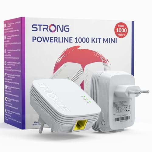 STRONG AV1000Mbit/s Powerline Adapter Set, HomePlug AV2 Powerline Internet Erweiterung, Plug & Play, EIN Knopf Sicherheit, Energiesparmodus, Gigabit LAN Ports,