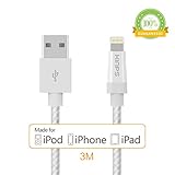 Kinps Apple MFi Certified Lightning to USB Cable 10ft/3m iPhone Charger Cord Super Long for iPhone 7 / 7 Plus / 6S / 6S Plus / 6 / 6 Plus / SE / 5S / 5, iPad Pro / Air / Mini (Nylon-White, 1 Pack)