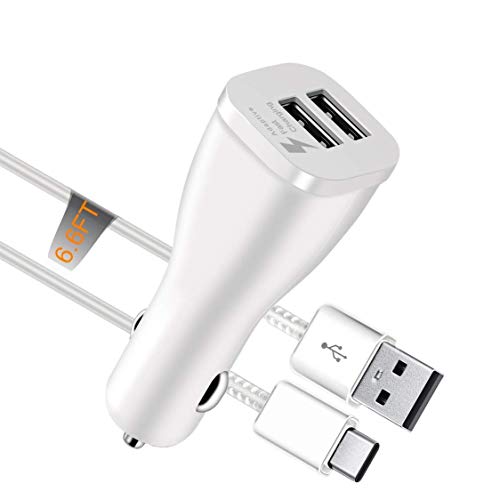 Adaptive Fast Car Charger Compatible Blackview BV7000 5" and More, JULAM Dual Port USB Car Adapter & 6ft Type C Cable 15W Output Quick Charge QC 3.0 Adaptive Fast Charging (White)