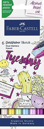 Faber-Castell Goldfaber Sketch Kawaii 164811 Marker Pens Pack of 6 Alcohol Markers with Brush Tip and Fineliner Tip