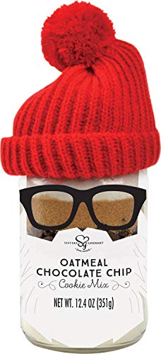 Sisters Gourmet Hipster Santa Oatmeal Chocolate Chip Cookie Mix - Qt. Sized Ball Mason Jar - Makes Up To 15 Cookies Net Wt. 12.4 Oz - Cookies In A Jar, Oatmeal Cookie Mix