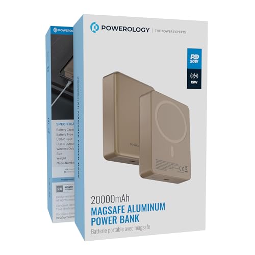 Powerology Spetano 20000mAh Magnetic Power Bank, High Capacity 15W Wireless Portable Charger, 20W PD Fast Charging External Battery Pack Magnetic, Compatible with iPhone 17-12 (DESERT TITANIUM)